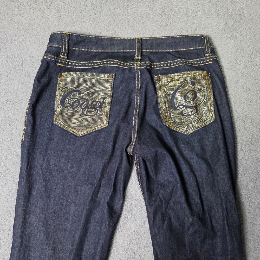 Coogi Womens 11/12 Straight Jeans Dark Blue Rhinestone Logo Pockets Streetwear